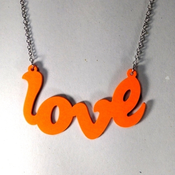 Women's Stunning Polished Silver tone Orange Color "LOVE " Design Long Necklace - Picture 3 of 6